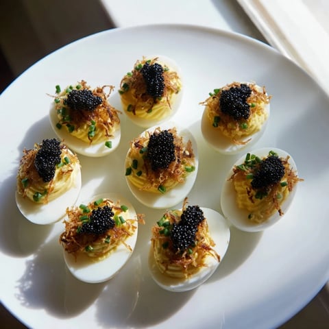 Elegant deviled eggs topped with glistening caviar and crunchy shallots, a perfect appetizer.