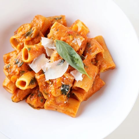 A bowl of smooth Hidden Veggie Tomato Pasta Sauce simmered with carrots, zucchini, and spinach, garnished with fresh basil leaves.