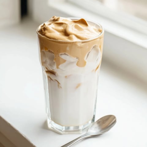 Lightly frothed milk fills a glass, topped with a fluffy cloud of whipped Dalgona coffee, ready to stir.