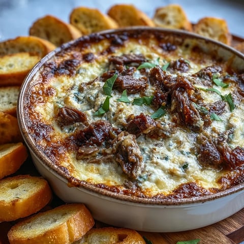 Golden-baked Philly Cheesesteak Dip with melted provolone, served warm with toasted baguette slices.