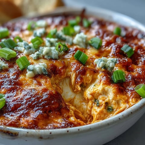 Hot, bubbly Buffalo Chicken Dip fresh from the oven, topped with melted cheddar and fresh green onions.