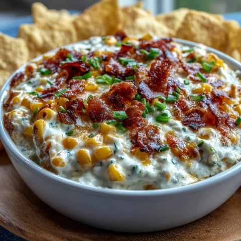 A close-up of warm crack corn dip in a white bowl, melted cheddar and cream cheese glistening over sweet corn and green onions, with a tortilla chip scooping into the bubbly dip.  