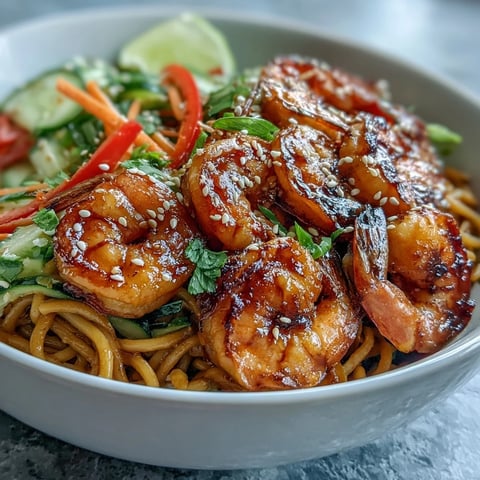 Freshly grilled shrimp glisten atop a vibrant bowl of 15-Minute Asian Noodle Bowl with julienned carrots, cucumbers, and lime wedges.