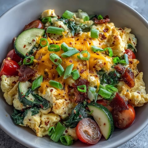 Fluffy scrambled eggs and sautéed vegetables topped with melted cheese in a white bowl.