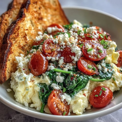 Fluffy scrambled eggs and sautéed spinach in a Spinach and Feta Breakfast Bowl, topped with creamy feta and halved cherry tomatoes.
