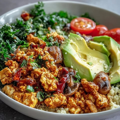 Steaming scrambled tofu breakfast bowl with sautéed mushrooms and kale over fluffy whole wheat couscous.