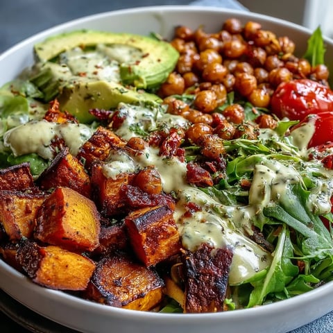 Colorful Breakfast Buddha Bowl topped with roasted sweet potatoes, crispy chickpeas, and sliced avocado drizzled with creamy tahini dressing.