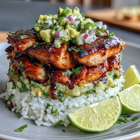 The photo shows our Tangy Honey Lime Chicken & Avocado Rice Stack served on a white plate for a vibrant dinner. Slices of golden chicken rest on fluffy white jasmine rice, topped with a chunky avocado and red onion salsa. Garnished with lime wedges and fresh cilantro, this bright meal looks delicious.