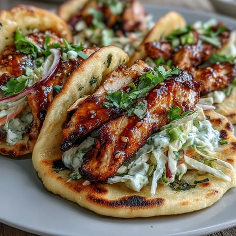 Tender honey-garlic glazed chicken strips piled onto warm garlic naan, ready for taco night.