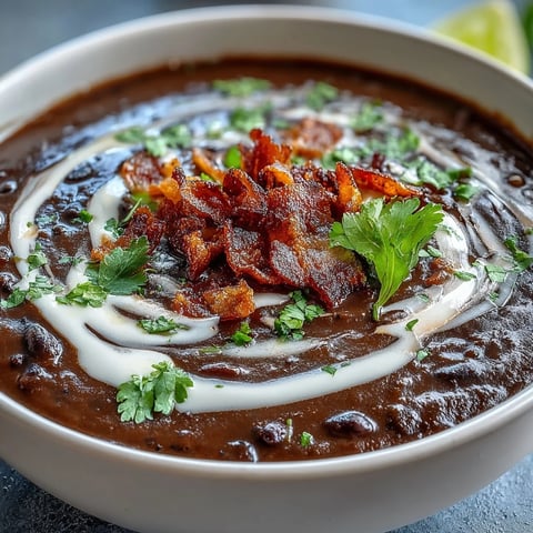 Creamy black bean soup with crispy bacon and zesty lime crema, garnished with fresh cilantro and served in a rustic bowl.  