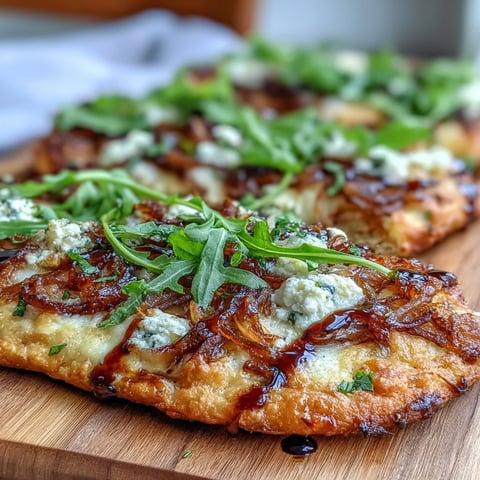 A golden flatbread pizza with sweet caramelized onions, creamy mozzarella, and fresh arugula, finished with a tangy balsamic glaze for a gourmet vegetarian meal.