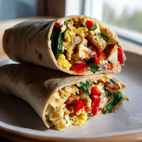 Warm, assembled Make-Ahead Breakfast Burritos showing a close-up of the delicious filling inside.