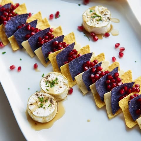 Cheese-ladened The Stepping Stones appetizer, featuring cheese stones atop a blue chip "river" garnished.