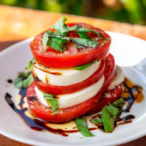 Enjoy a colorful Tuscan Pillar, a delicious appetizer featuring fresh, layered tomato and mozzarella.