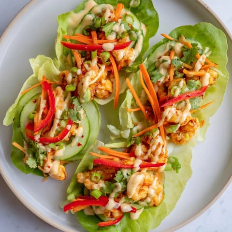 Close-up of delicious shrimp lettuce cups, showing juicy shrimp and crisp vegetables, ready to enjoy.