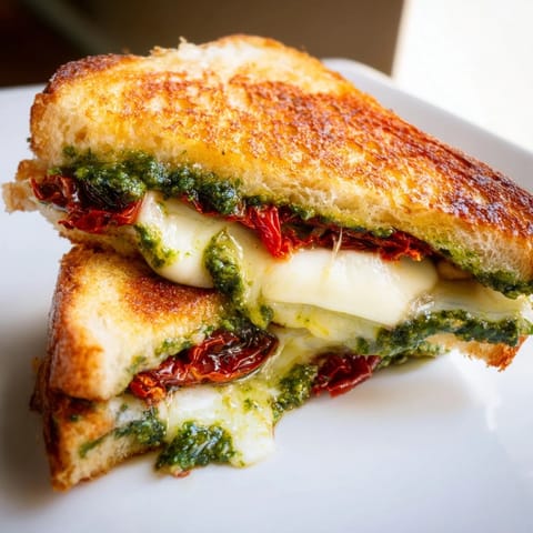 Melted mozzarella and vibrant pesto filling a perfectly toasted Pesto Grilled Cheese, ready to eat.