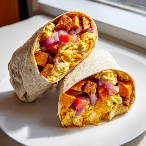 Warm, cheesy sweet potato breakfast burritos, perfectly wrapped and ideal for busy mornings.