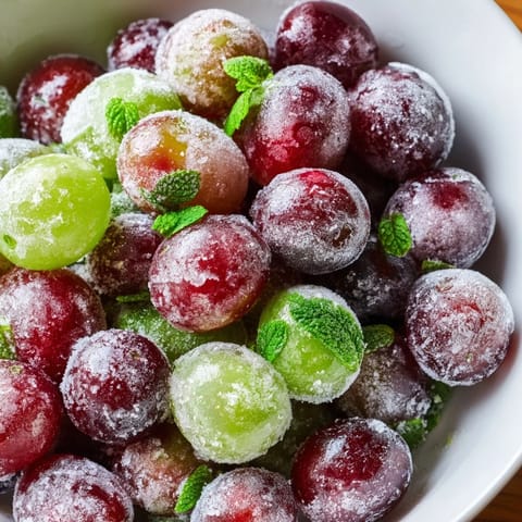 Freshly frozen Frozen Grapes Spa Treat on a baking sheet with mint garnish, ready to be enjoyed as a cool, spa day treat.