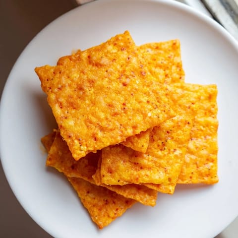 A close-up of homemade Crispy Cheeto Cheese Crackers, golden and baked on a parchment-lined baking sheet, perfect for snacking.  