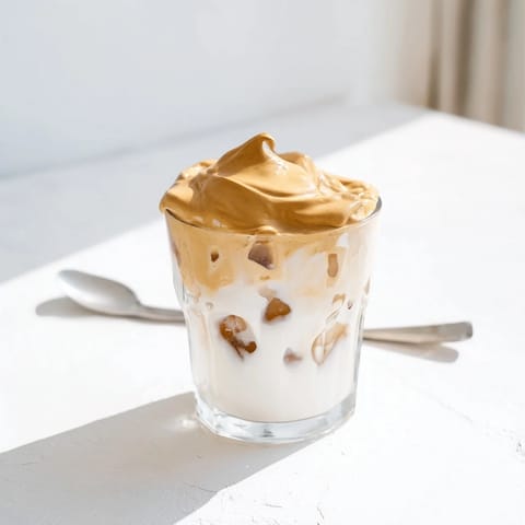 Rich, creamy whipped Dalgona coffee floats over cold milk in a clear glass, inviting a refreshing sip.