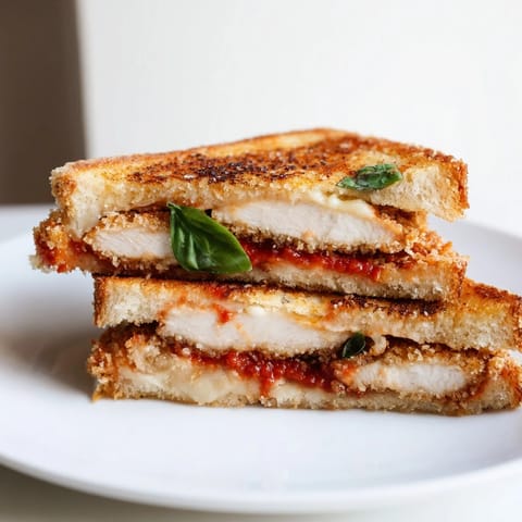 A close-up view shows the melted mozzarella stretching from the open-faced Chicken Parm Grilled Cheese, revealing crispy chicken inside.