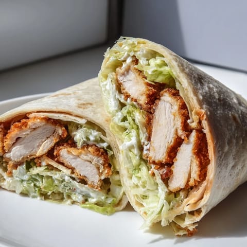 Golden-brown Crispy Chicken Caesar Wrap resting on a wooden board with extra Parmesan and lemon wedges nearby.