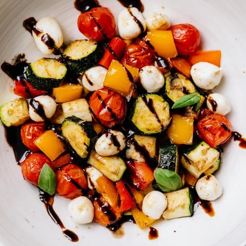 Golden roasted zucchini, bell peppers, and onions tossed with creamy mozzarella in this easy Roasted Veggie Caprese Salad recipe.  