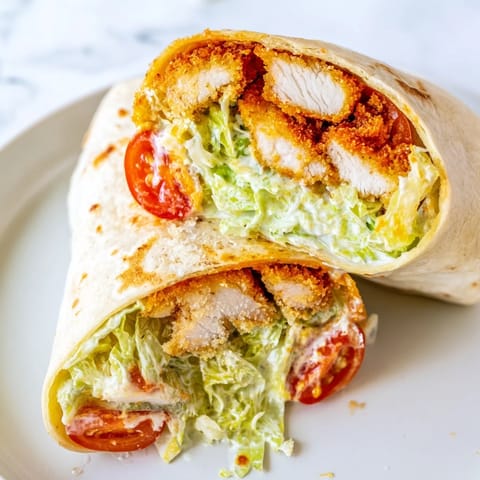 The Hot Honey Chicken Caesar Wrap is sliced diagonally, revealing layers of crunchy croutons, Parmesan, and juicy cherry tomatoes inside.  