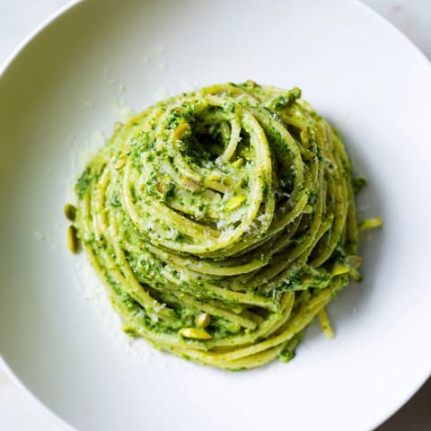 Steaming bowl of homemade sunflower seed pesto pasta, tossed in a rich cream sauce with vibrant green basil leaves.