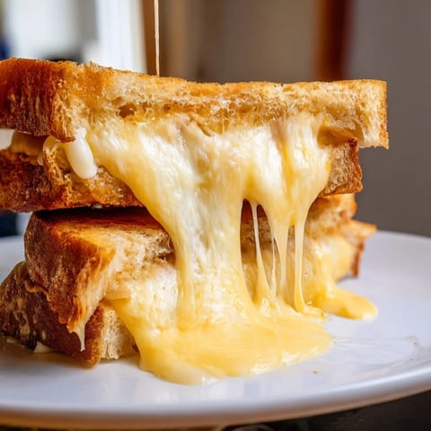 A close-up of a Triple Cheese Sourdough Grilled Cheese sandwich on a cutting board, oozing melty cheese between buttery bread.