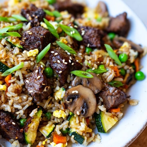 Sizzling steak cubes and crisp vegetables tossed with jasmine rice in a hot skillet for Easy Hibachi Steak With Fried Rice.