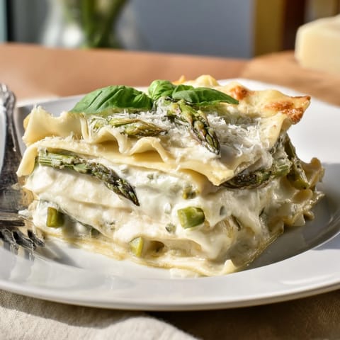 A freshly baked Spring Veggie Alfredo Lasagna with layers of creamy sauce, asparagus, peas, and golden, bubbly cheese on top.