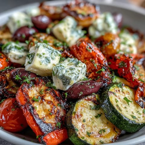 Golden-brown roasted vegetables glistening with olive oil, served as a vibrant vegetarian main or hearty side dish.