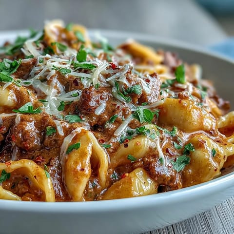 Easy weeknight One Pot Creamy Beef and Shells, perfect for serving warm family-style.
