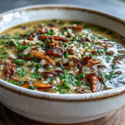 Earthy Wild Rice Mushroom Soup in a white bowl with a slice of crusty bread.