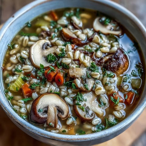 Mushroom Barley Soup simmering in a pot with vegetables and barley visible.