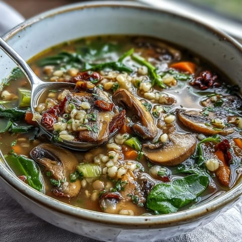 Double Lentil and Mushroom Barley Soup simmers in a rustic pot, showing tender lentils, mushrooms, barley, and collard greens in rich broth.