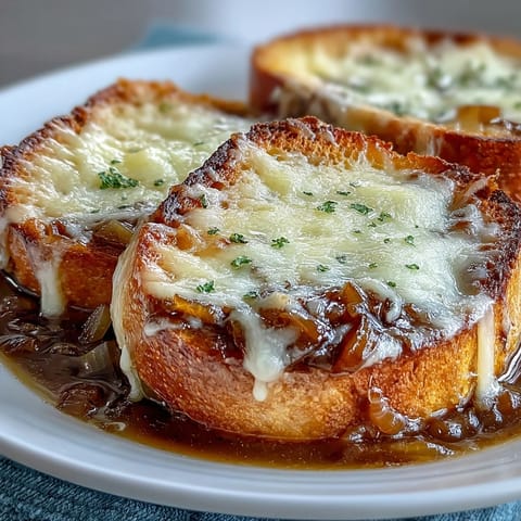 A comforting classic French Onion Soup with rich beef broth, caramelized onions, and bubbly, golden cheese.