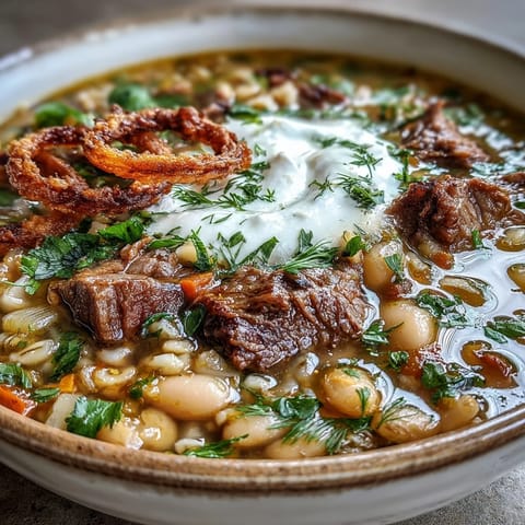 Bowl of Beef Barley Soup swirled with tangy sour cream, steaming with tender beef, barley, lentils, and fragrant mint-onion garnish.