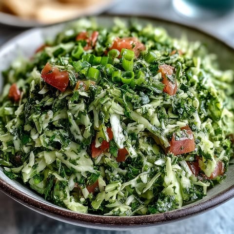 A vibrant bowl of Lebanese Cabbage Salad, tossed with fresh herbs and dressed in tangy lemon vinaigrette, ready to serve as a refreshing vegan side dish.