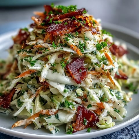 A vibrant bowl of German Cabbage Coleslaw With Shredded Ham, drizzled with tangy apple cider vinegar dressing and caraway seeds. 
