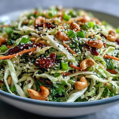 Bright bowl of crunchy Asian Cabbage Salad topped with roasted cashews and fresh cilantro leaves, ready to serve.