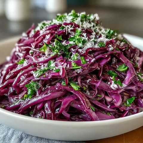 Vibrant Red Cabbage Coleslaw With Apple and Parmesan tossed in a tangy vinaigrette on a rustic table.