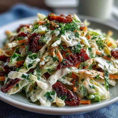 Freshly tossed Cabbage Salad With Sundried Tomatoes, showing colorful ribbons of cabbage, julienned carrots, and bright red bell peppers, all coated in a glossy herby dressing.