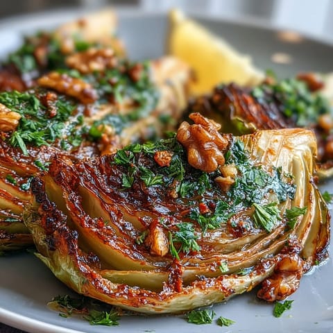 Tender caramelized cabbage wedges topped with nutty romesco sauce served on a platter.