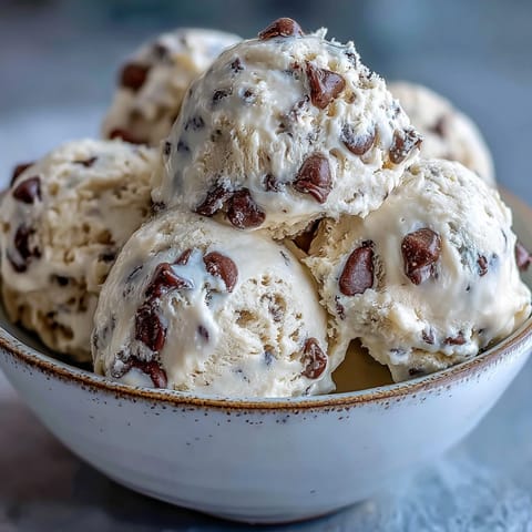 A chilled spoonful of Greek Yogurt Cookie Dough reveals soft, scoopable texture with buttery sweetness, vanilla, and melty chocolate chips on a marble surface.