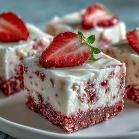 Vibrant No-Bake Strawberry Fudge Squares on a white plate with a powdered sugar finish, perfect for a summer dessert party.  