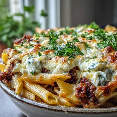 Fresh parsley garnish and a side salad accompany a creamy slice of Cottage Cheese Protein Pasta Bake with Ground Beef.