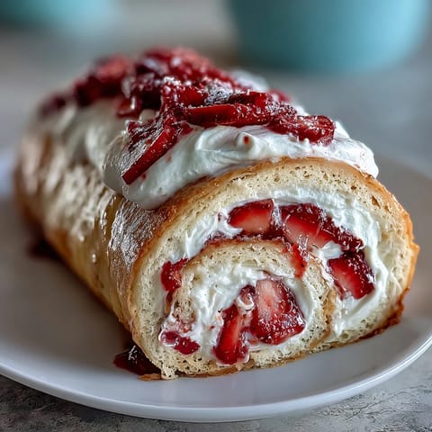 A cross-section of Strawberry Shortcake Sushi Roll shows creamy layers, golden crepe spirals, and glossy strawberry drizzle on white plate.