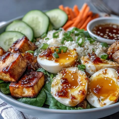 A vibrant overhead view of a homemade Tofu Jammy Egg Breakfast Bowl drizzled with zesty ginger scallion sauce.